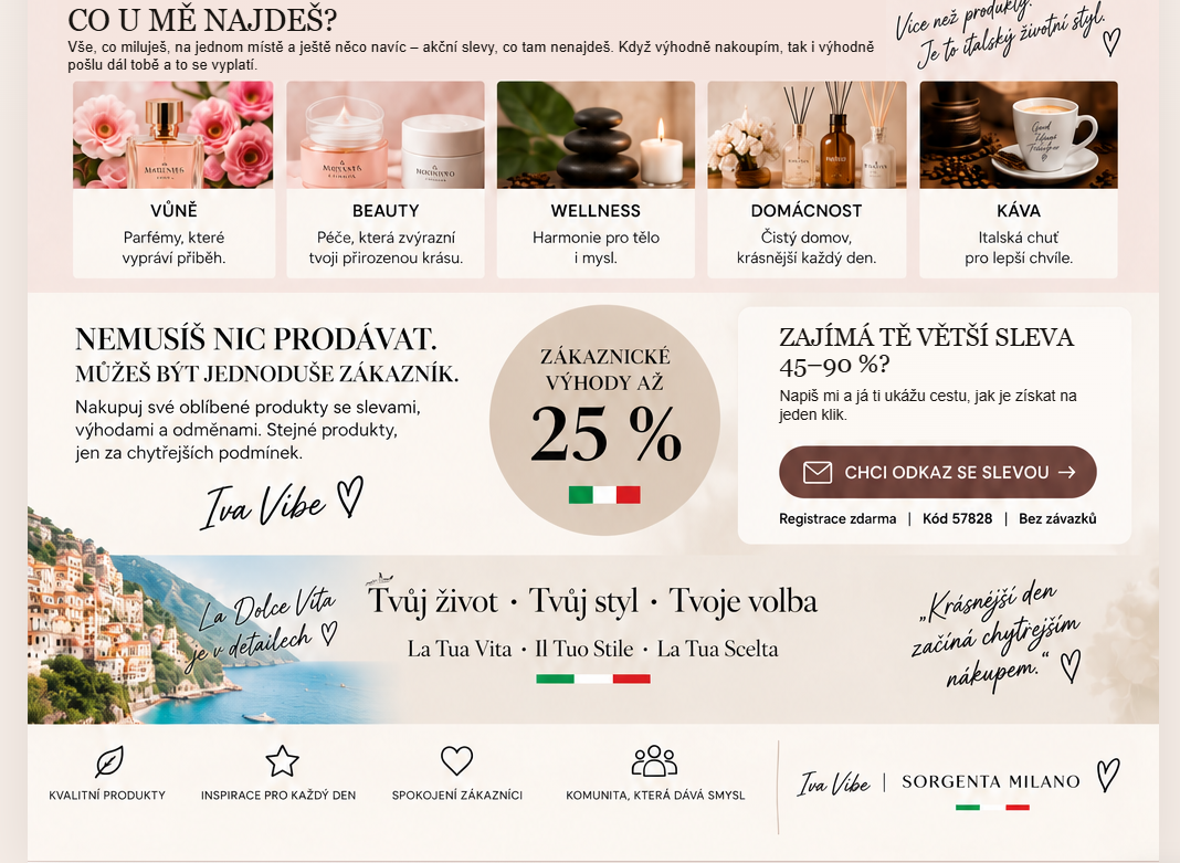 Co u mě najdeš: vůně, beauty, wellness, domácnost a káva. Nemusíš nic prodávat, můžeš být jednoduše zákazník – zákaznické výhody až 25 % a větší sleva 45–90 %